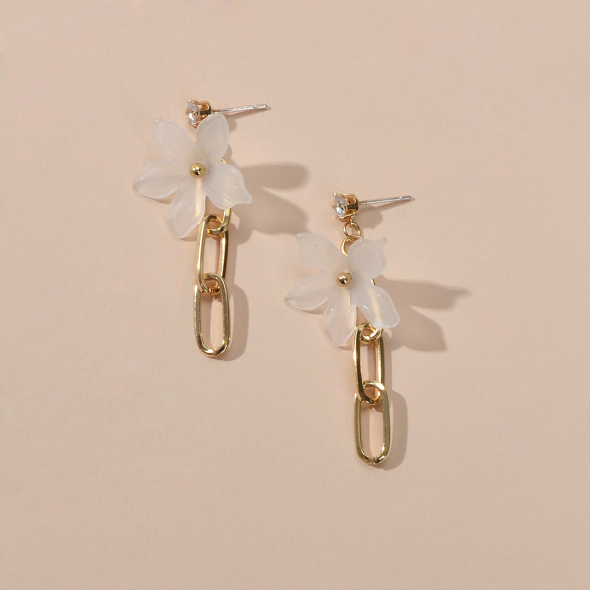 Designer Jewellery Gold Paperclip Chain Transparent Resin Flower Dangle Earrings