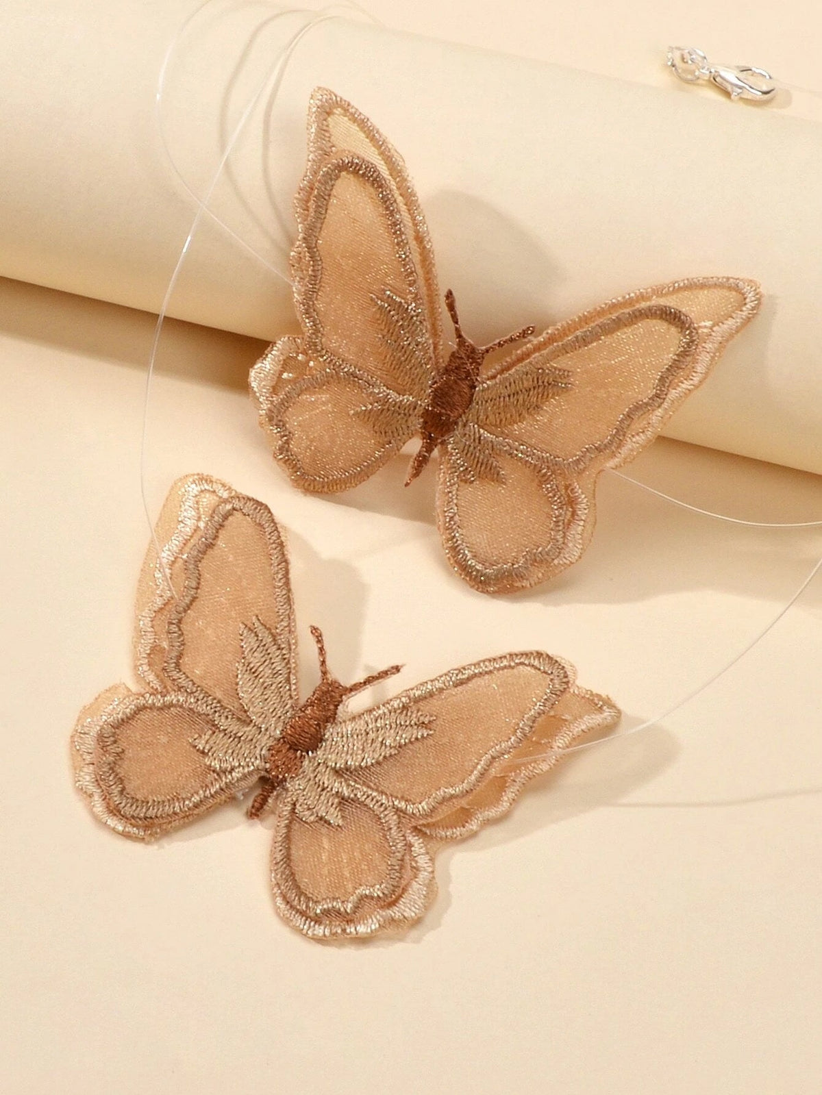 Fashion Jewellery Transparent Cord Brown Embroidery Butterfly Choker Necklace