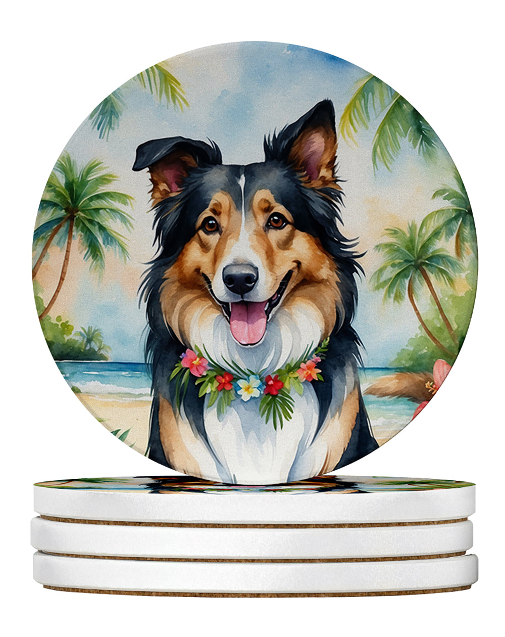 Collie Luau Large Sandstone Coasters Pack of 4