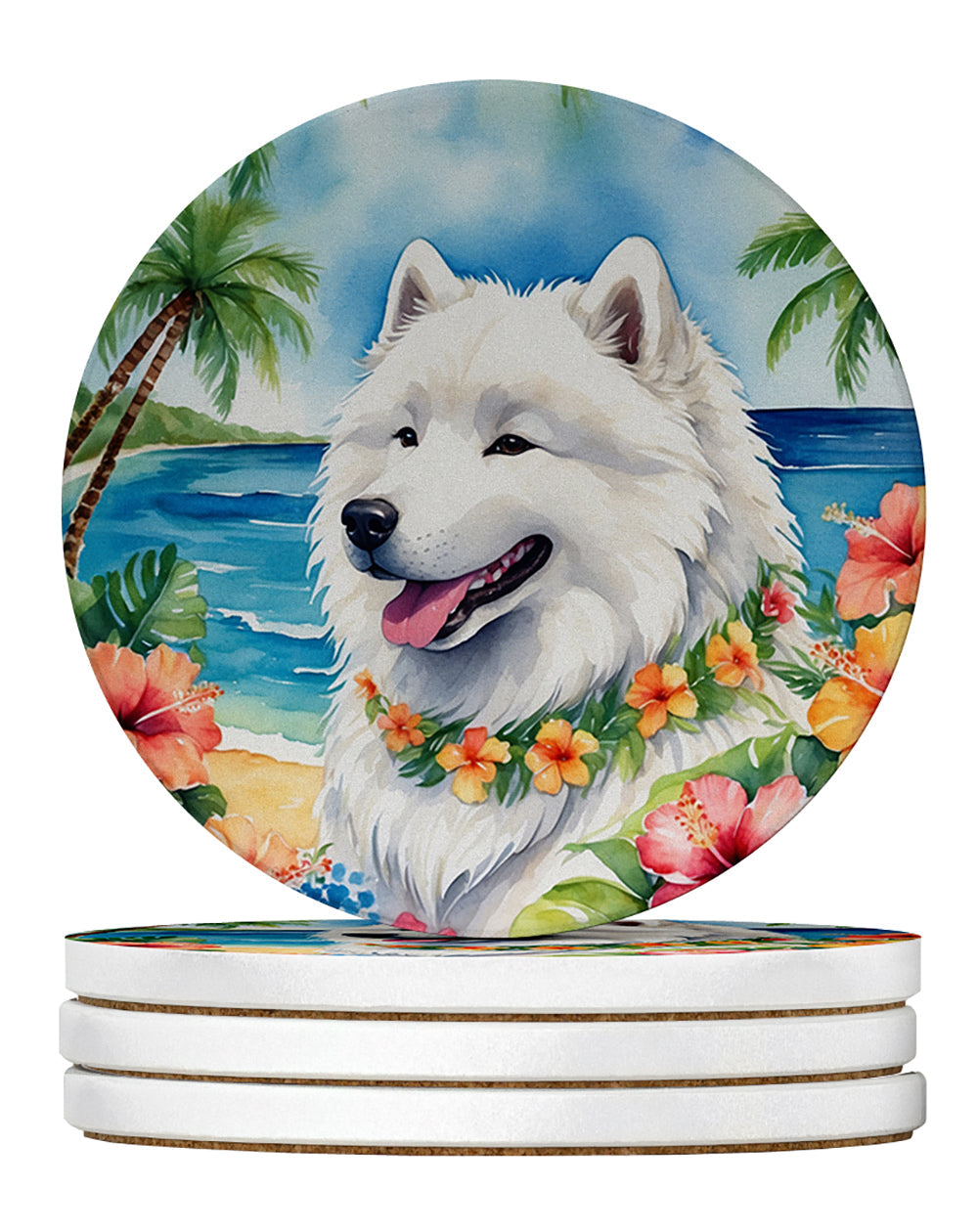 Samoyed Luau Large Sandstone Coasters Pack of 4