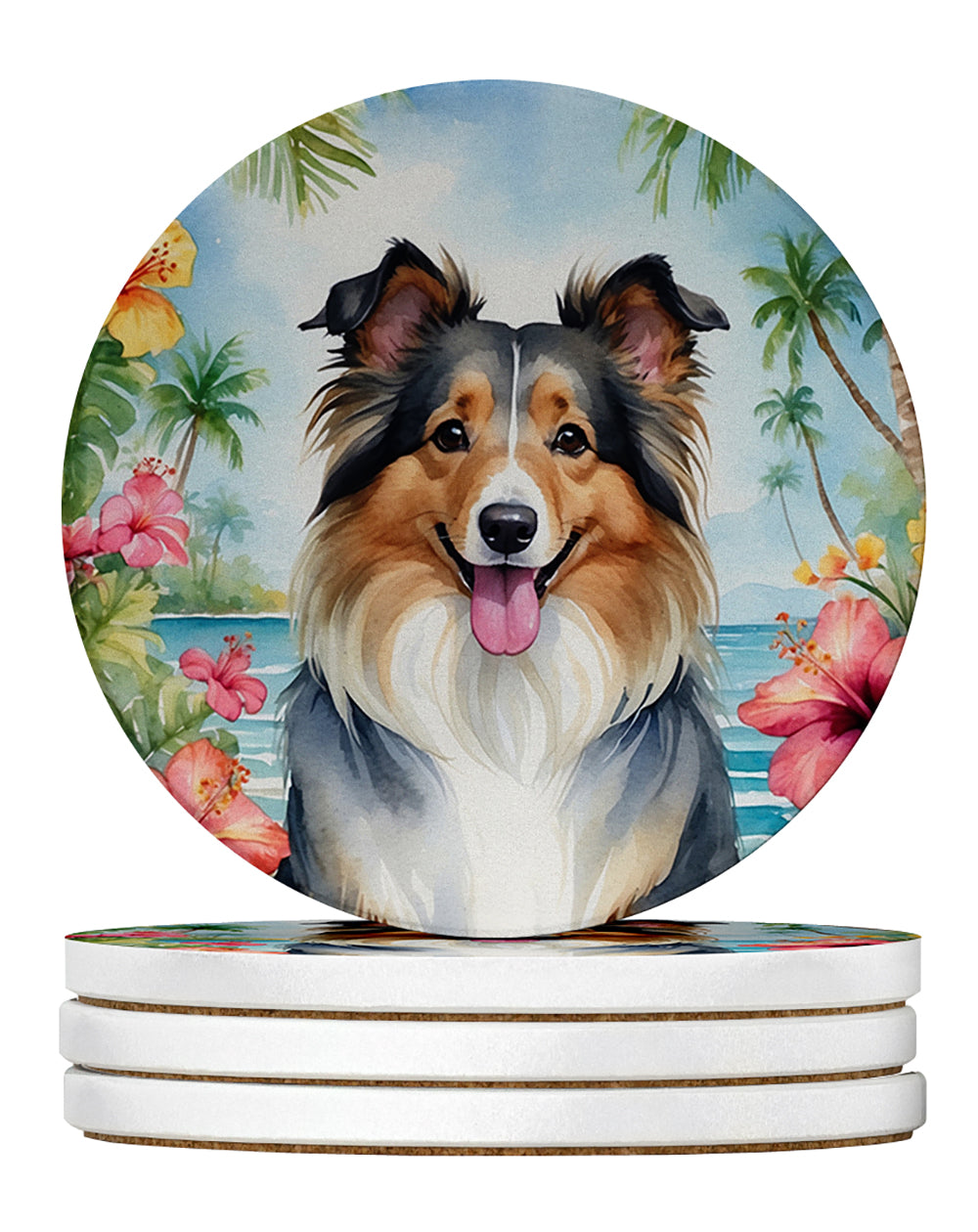Sheltie Luau Large Sandstone Coasters Pack of 4