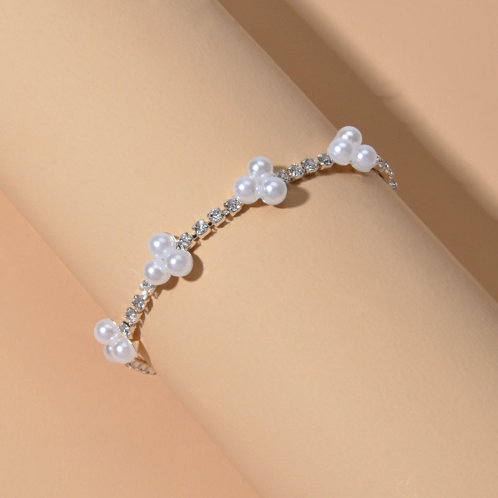 Luxurious Anniversary Wedding Jewellery Rhinestone Pearl Silver Chain Bracelets