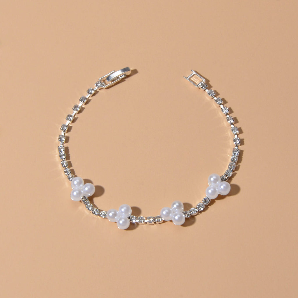 Luxurious Anniversary Wedding Jewellery Rhinestone Pearl Silver Chain Bracelets