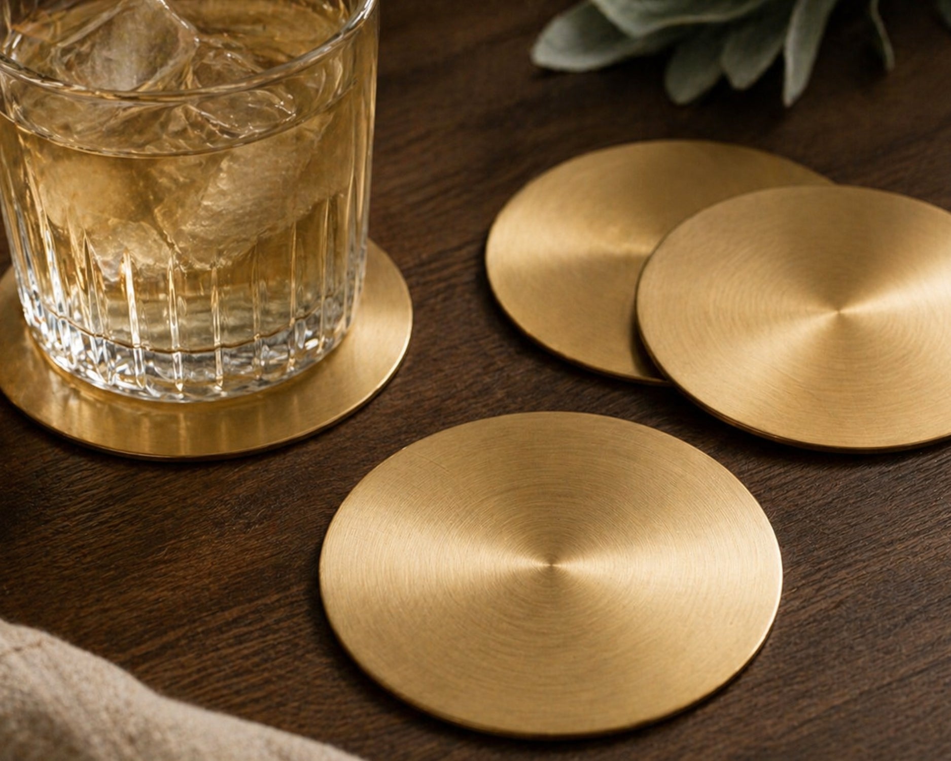 Ivy Brass Coasters – Set of 4 Brass Gold Round Drink Coasters