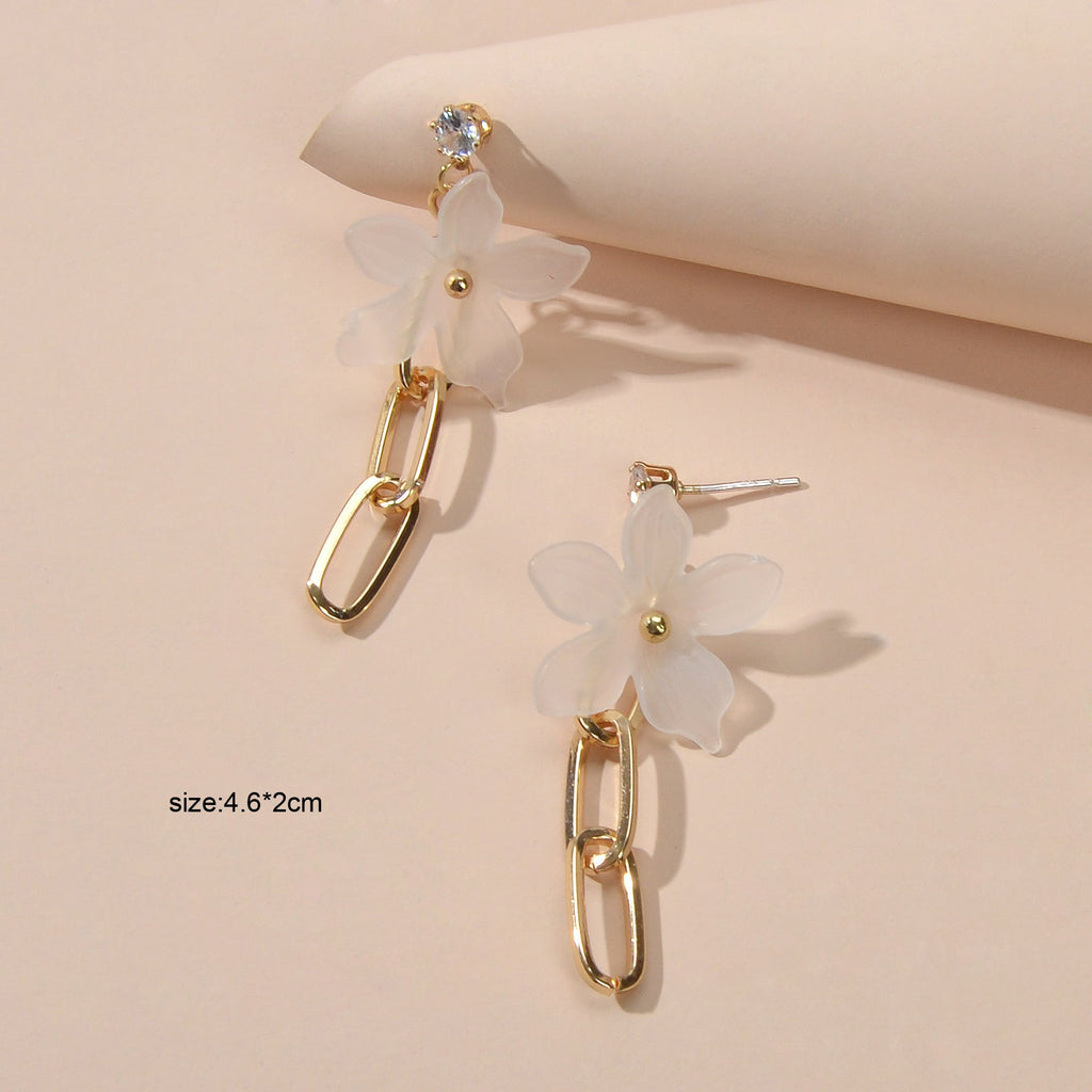 Designer Jewellery Gold Paperclip Chain Transparent Resin Flower Dangle Earrings